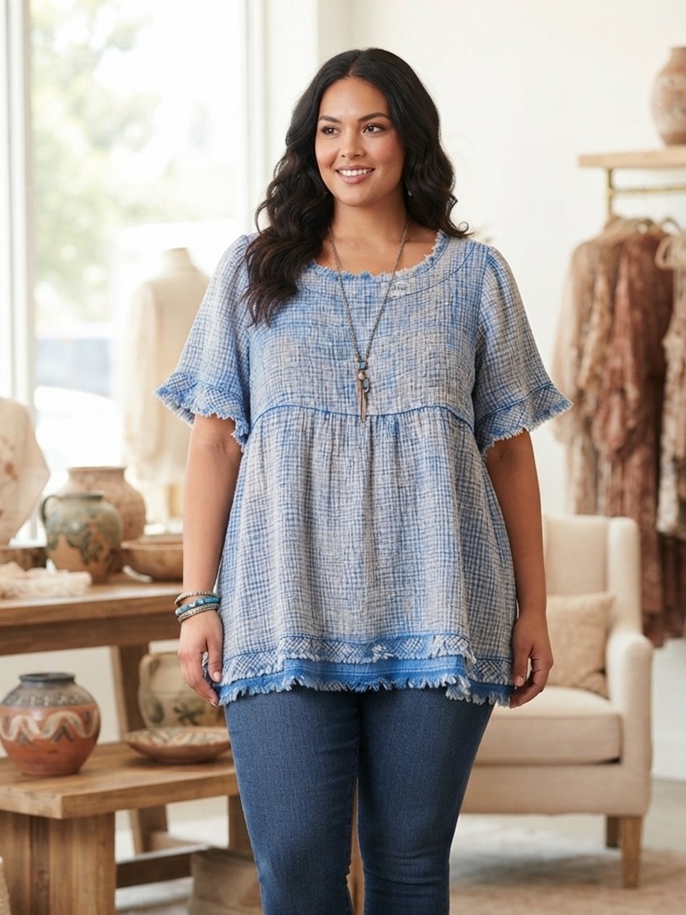 Umgee Light Blue Woven Fringe Peasant Tunic